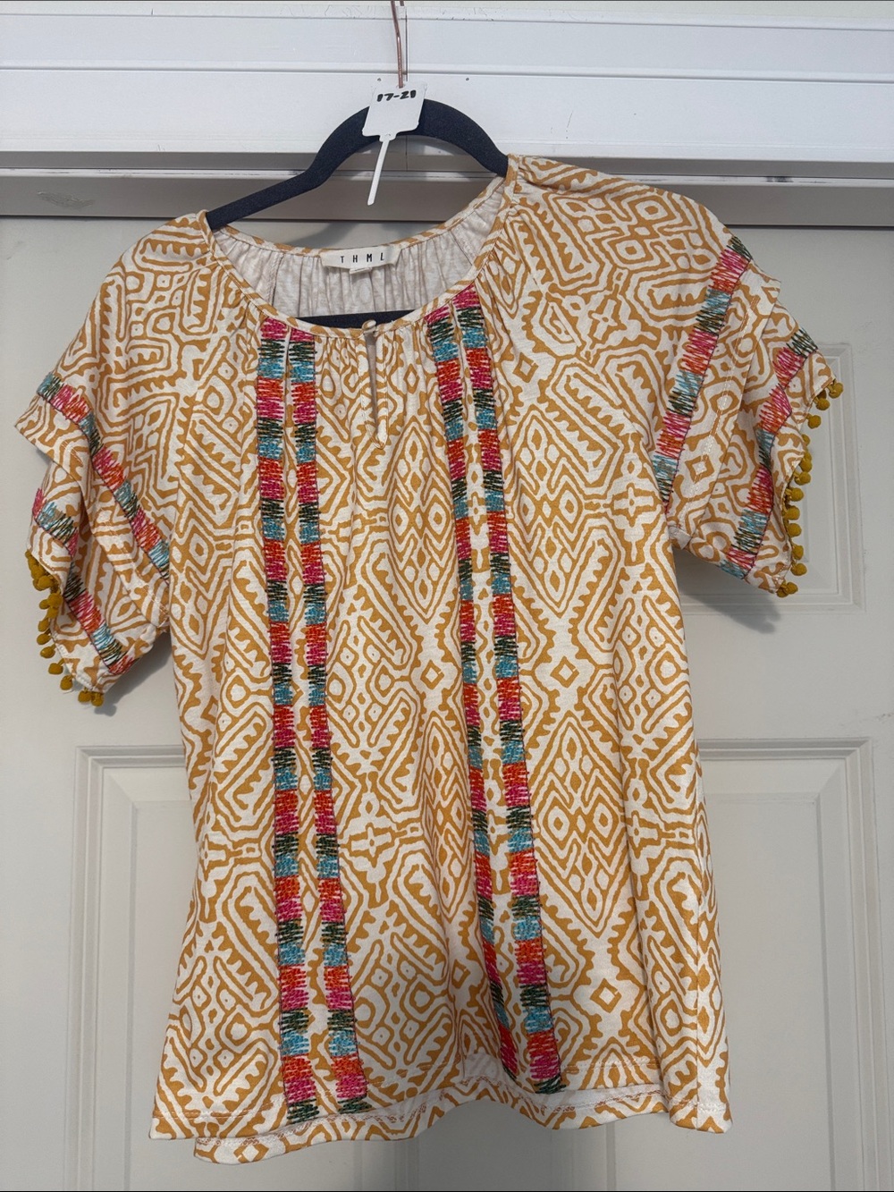 THML Mustard Geo Embroidered Flutter Sleeve Top
